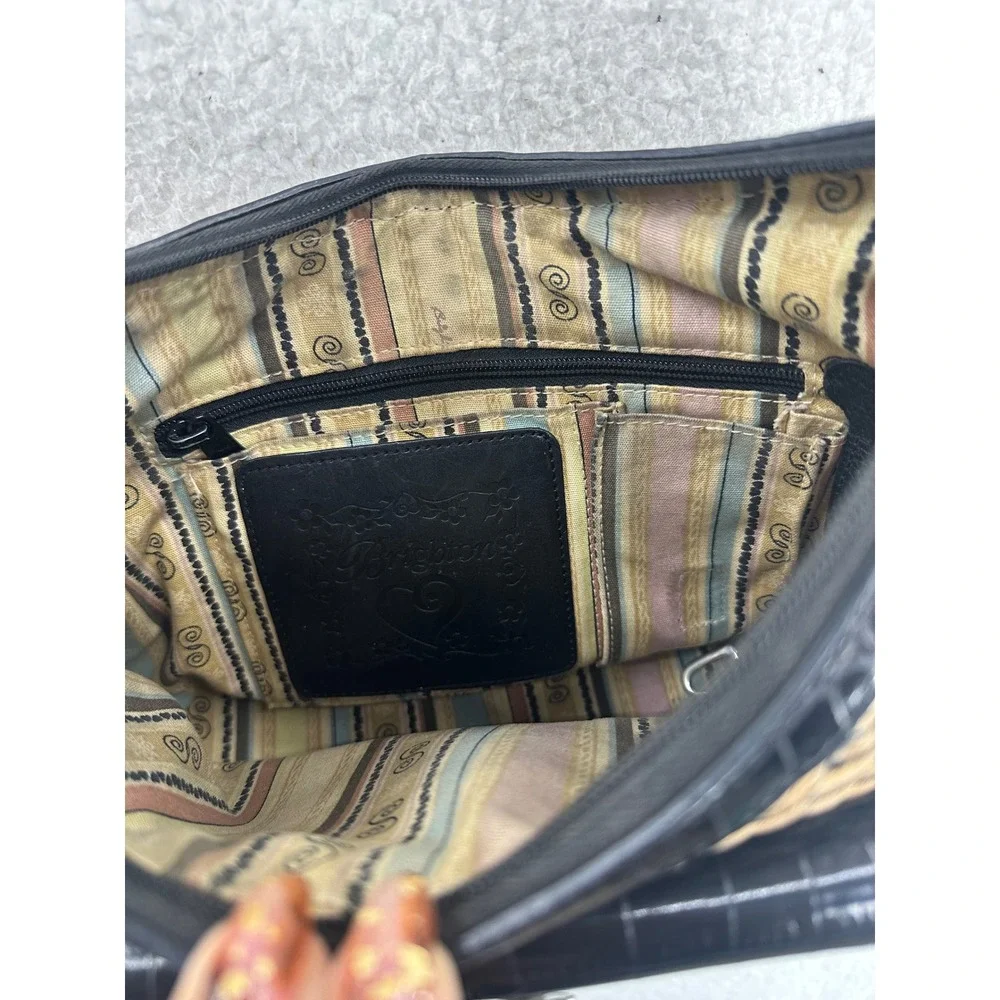 Brighton Woven Shoulder Bag Black Leather Pocket Tan Hobo Purse